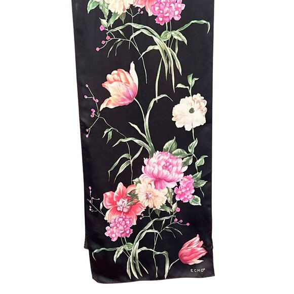 Vintage Echo Black Pink Romantic Floral Rectangular Scarf Spring Hand Rolled - Picture 1 of 6